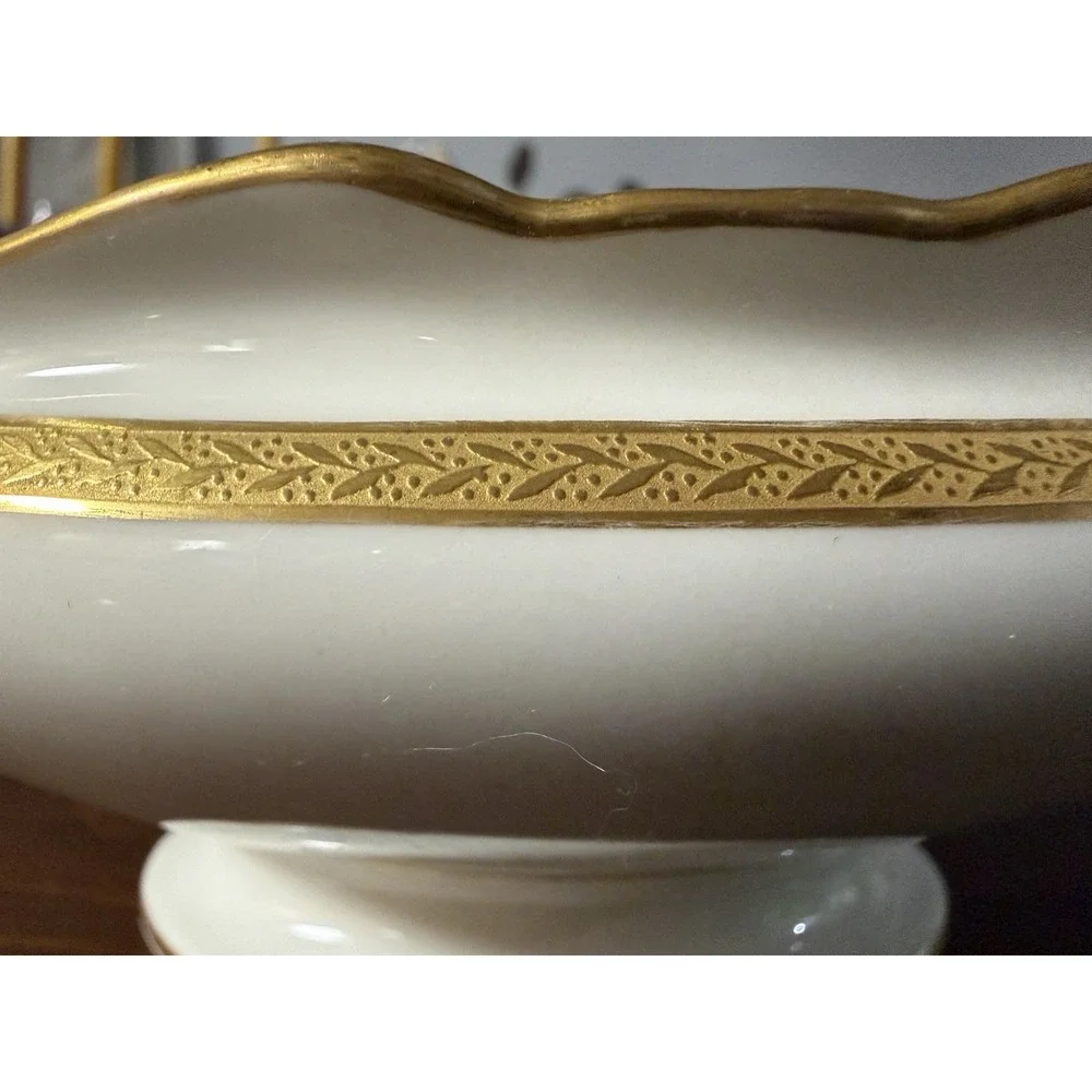 Antique Wm Guerin Limoges France Gravy Boat Underplate Raised Gold Floral